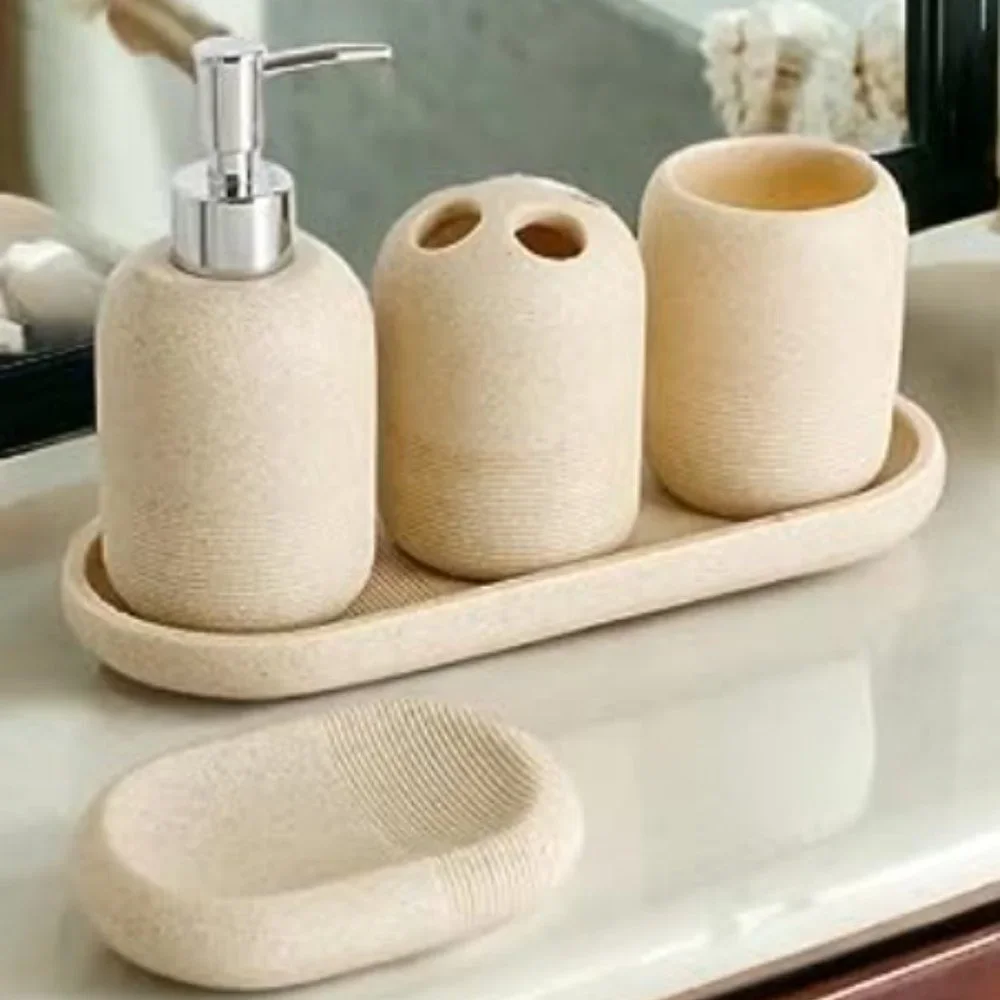 5 pc - Bathroom Accessory Set - Bathroom Decor  (Natural/Stone)